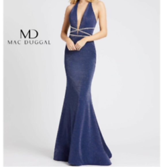 MAC DUGGAL 77770L METALLIC SLEEVELESS MIDNIGHT NAVY MERMAID GOWN sz 8 - Picture 1 of 3